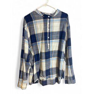 Hawalili Men’s Shirt 2XL Blue Plaid Long Sleeve Banded Collar Cotton Blend